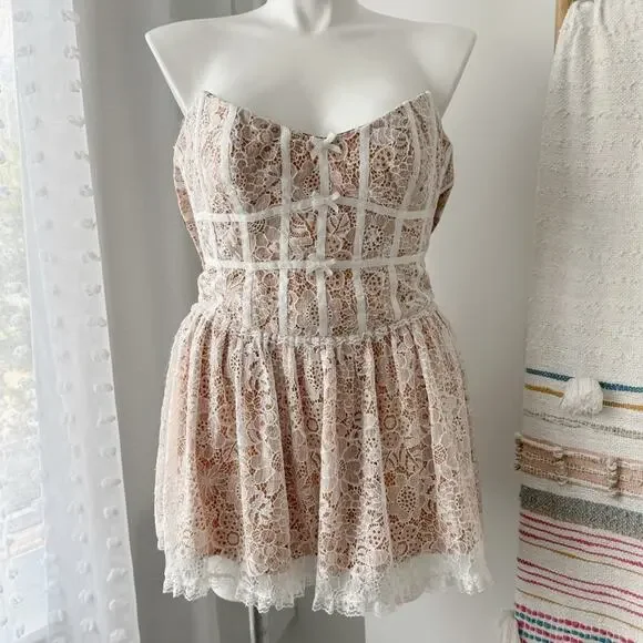 For Love & Lemons Jelena White Tan Lace Strapless Mini Dress Women’s Size Medium - Picture 3 of 14